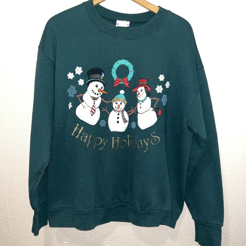 Ugly Christmas Sweater VTG 90s Crewneck Sweatshirt Large Snowman Holiday Green